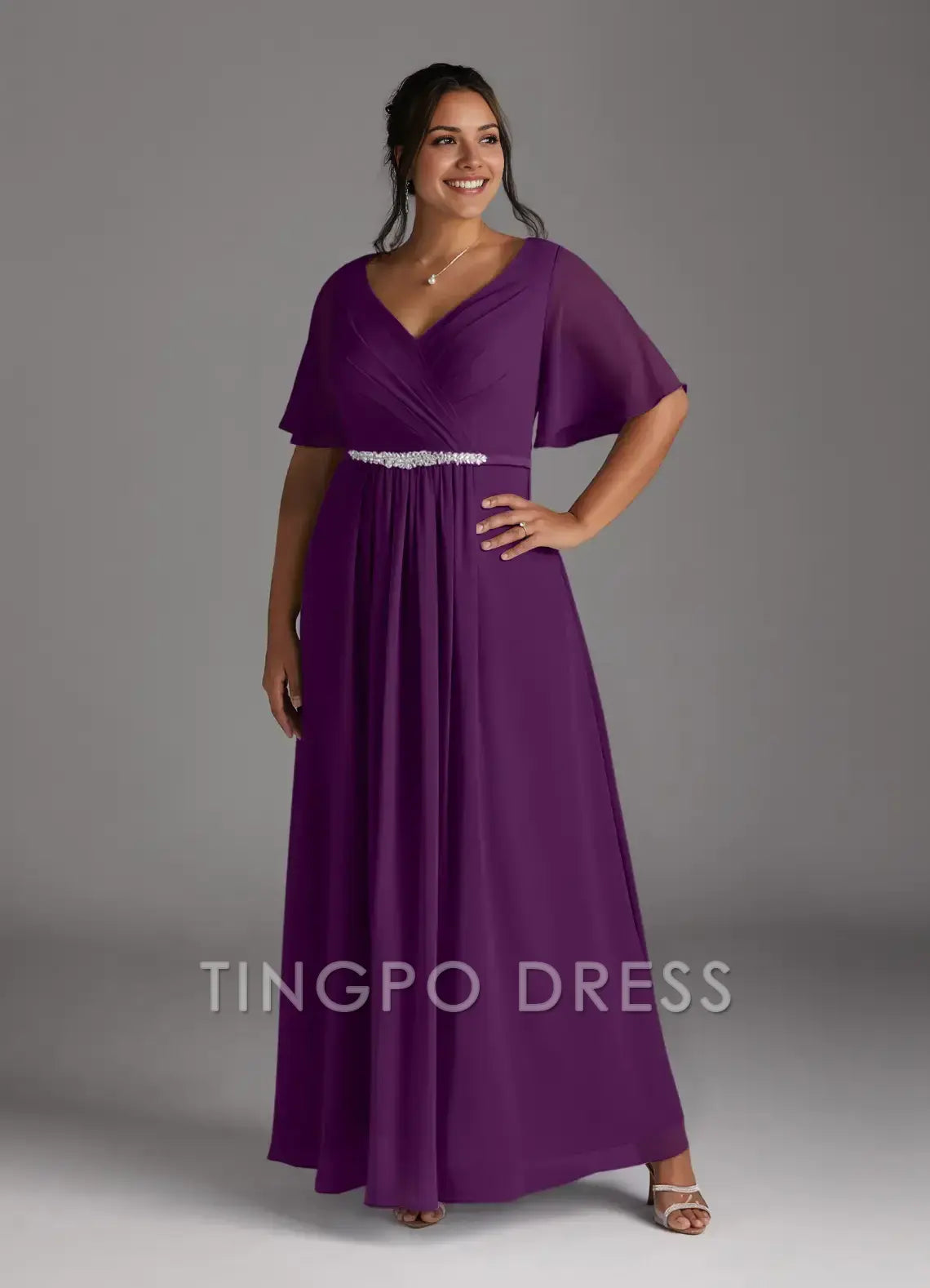TingPo Wholesale Elegant Plus - Size V - Neck Chiffon Evening Gown with Sheer Flutter Sleeves and Embellished Waist: Perfect for Formal Occasions